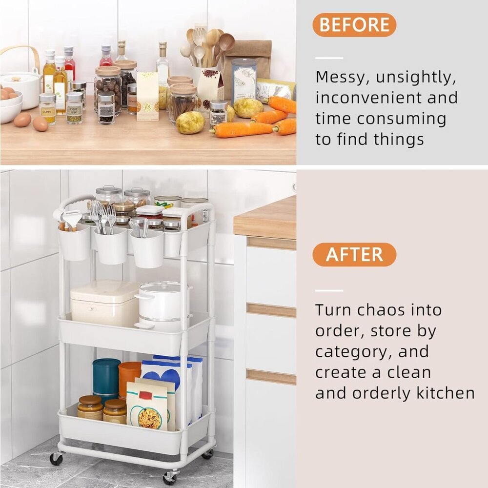 3-Tier Plastic Rolling Storage Cart Utility Cart with Extra Hanging Cups Handles - Picture 7 of 7